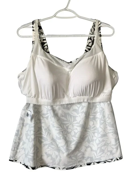 Lands End Tankini Top Size 20W Square Neck Black White Floral Swimsuit Soft Bra - Picture 13 of 16